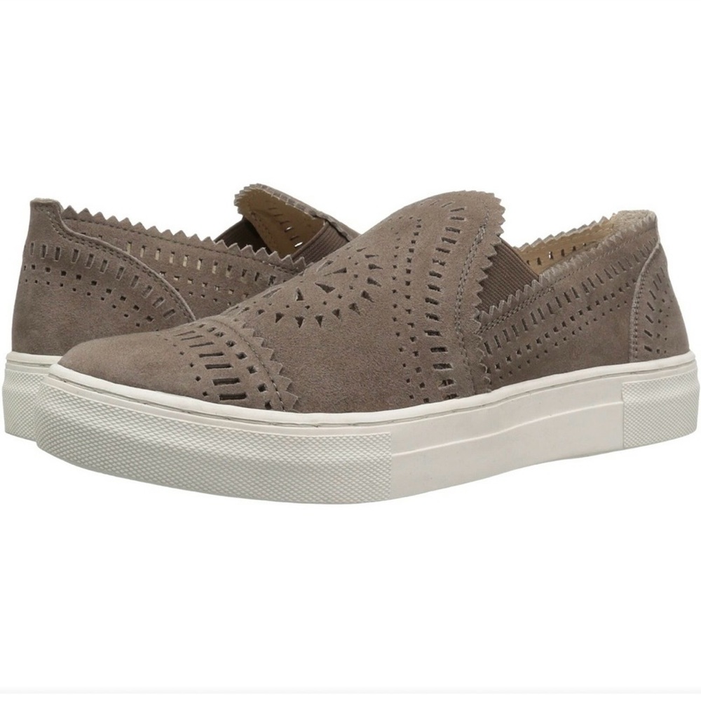 SEYCHELLES Bottom Line Grey Laser Cut Suede Slip on Platform Sneaker size 7